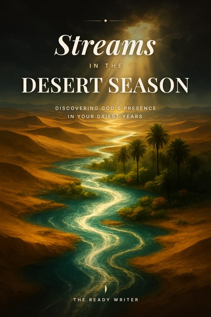 Finished cover of the demo book 'Streams in the Desert Season': golden light breaking through storm clouds over desert dunes, with full title typography and subtitle