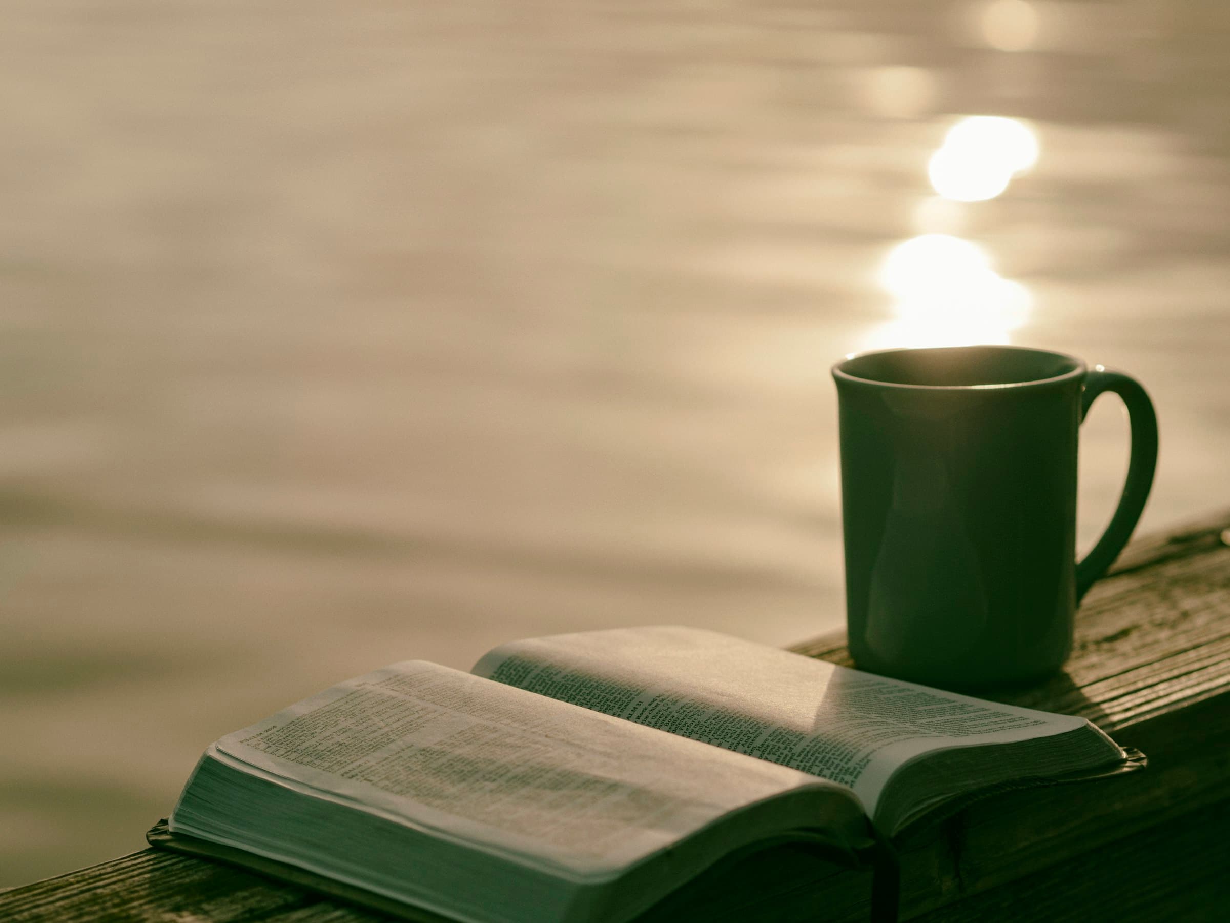 An open book beside a mug at golden hour, sunlight reflecting on still water
